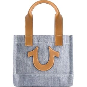 True Religion Tote Bag, Women's Mini Denim Travel Handbag with Adjustable Shoulder Strap and Horseshoe Logo, Blue