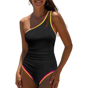 popvil Women's Sexy One Shoulder One Piece Bathing Suits Neon Color Block Swimsuits Slimming Mesh Swimwear