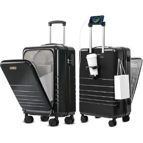 Carry On Luggage Airline Approved, Hardside PC Suitcase With Front Pocket, USB Charging Port and Cup holder, 20-inch Luggage, Front Open Carry On luggage with Scratch-Resistant Surface, Black