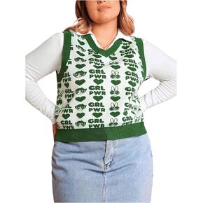 Floerns Women's Plus Size Hearts Print Sleeveless Tops V Neck Knitted Sweater Vests
