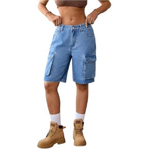 MakeMeChic Women's Low Waist Denim Cargo Shorts Flap Pocket Baggy Y2K Bermuda Jean Shorts