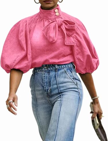 Women's Bow Design Denim Pullover Top Button Up High Neck Fashionable Jacket With Elastic And Puff Sleeves in Saudi Arabia