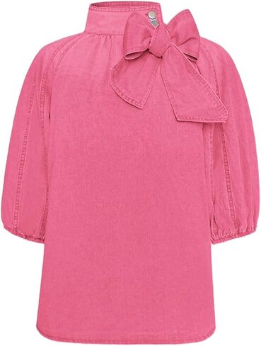 Women's Bow Design Denim Pullover Top Button Up High Neck Fashionable Jacket With Elastic And Puff Sleeves in Saudi Arabia
