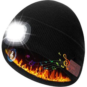 5.2 Bluetooth Beanie with Light, Music Hat with Headphones and Built-in Speaker Mic, USB Rechargeable 4 LED Warm Winter Hat for Fishing Working Jogging, Unique Christmas Birthday Gifts for Dad Mom