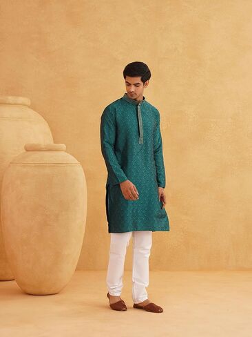 Sojanya (Since 1958, Men's Emerald Green Jacquard Silk Kurta & Churidaar Pyjama in Saudi Arabia
