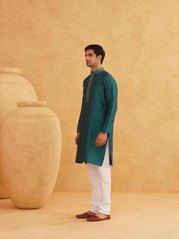 Sojanya (Since 1958, Men's Emerald Green Jacquard Silk Kurta & Churidaar Pyjama in Saudi Arabia