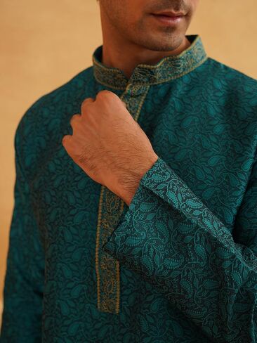 Sojanya (Since 1958, Men's Emerald Green Jacquard Silk Kurta & Churidaar Pyjama in Saudi Arabia