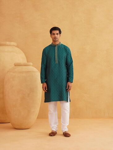 Sojanya (Since 1958, Men's Emerald Green Jacquard Silk Kurta & Churidaar Pyjama in Saudi Arabia