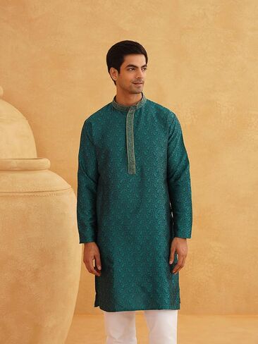 Sojanya (Since 1958, Men's Emerald Green Jacquard Silk Kurta & Churidaar Pyjama in Saudi Arabia