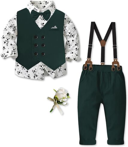 Boys Tuxedo Suits, Button-Up Formal Shirt with Bow Tie + Vest + Suspender Pants Wedding Party Clothes Set， Black， Tag 175 = 9-10 Years in Saudi Arabia