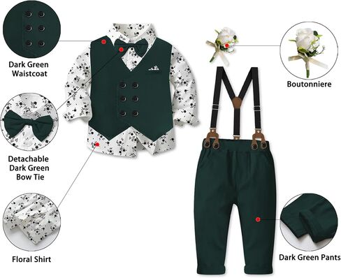 Boys Tuxedo Suits, Button-Up Formal Shirt with Bow Tie + Vest + Suspender Pants Wedding Party Clothes Set， Black， Tag 175 = 9-10 Years in Saudi Arabia