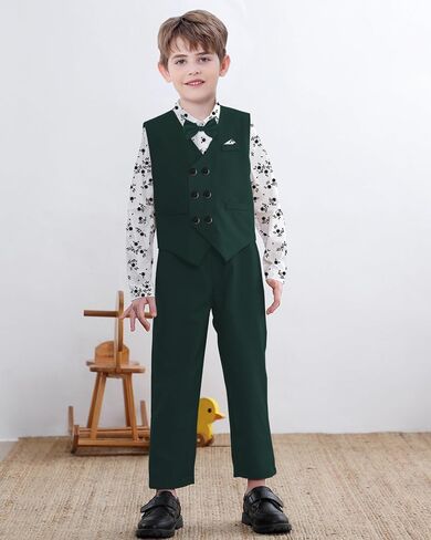 Boys Tuxedo Suits, Button-Up Formal Shirt with Bow Tie + Vest + Suspender Pants Wedding Party Clothes Set， Black， Tag 175 = 9-10 Years in Saudi Arabia
