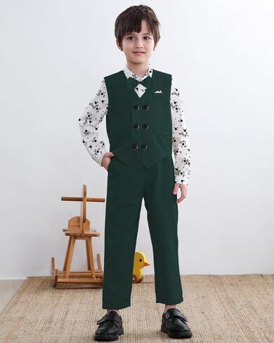 Boys Tuxedo Suits, Button-Up Formal Shirt with Bow Tie + Vest + Suspender Pants Wedding Party Clothes Set， Black， Tag 175 = 9-10 Years in Saudi Arabia