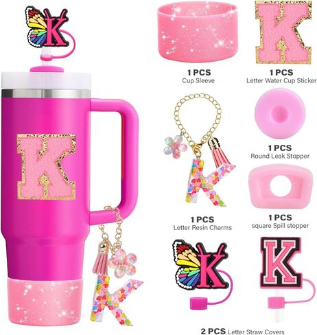 مجموعة إكسسوارات كأس ستانلي الوردي 7 قطع تتضمن حزام مقبض زجاجة المياه، ملصق حرف M، حذاء كأس ستانلي Siliocne، غطاء من القش السيليكون، سحر ستانلي لكوب ستانلي 40 و30 أونصة in Kuwait