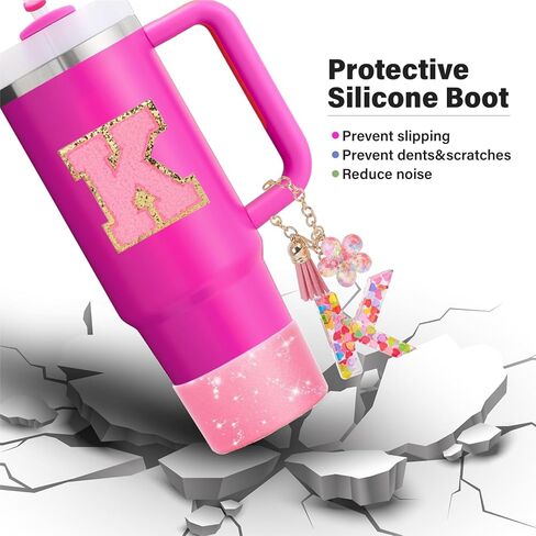 مجموعة إكسسوارات كأس ستانلي الوردي 7 قطع تتضمن حزام مقبض زجاجة المياه، ملصق حرف M، حذاء كأس ستانلي Siliocne، غطاء من القش السيليكون، سحر ستانلي لكوب ستانلي 40 و30 أونصة in Kuwait