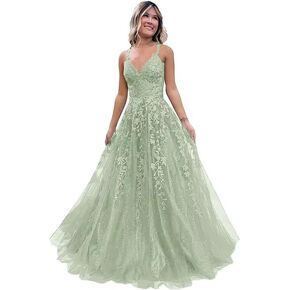 Women's V Neck Lace Long Prom Dresses 2024 Tulle Ball Gown Formal Evening Dress for Teens BI007