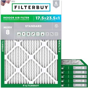 Filterbuy 17.5x23.5x1 Air Filter MERV 8 Dust Defense (6-Pack), Pleated HVAC AC Furnace Air Filters Replacement (Actual Size: 17.38 x 23.38 x 0.75 Inches)