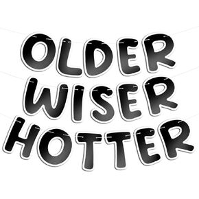 Fulmoon Set of 3 Pre Strung Older Wiser Hotter Glitter Banner Funny Birthday Banner for Women 30th 40th 50th 60th 70th 80th Birthday Party Decorations Birthday Sign Birthday Gift (Black)