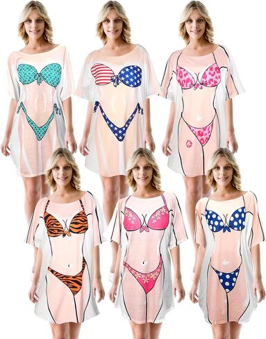 Jeyiour 6 Pack Women's Bikini Shirt Short Sleeve Cover up Baggy T Shirt Dress Cute Bikini Print Baggy Swimwear for Women in Saudi Arabia