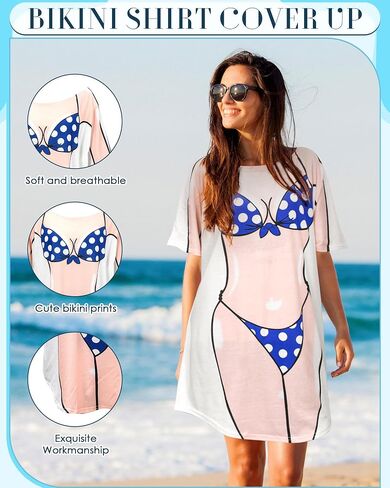 Jeyiour 6 Pack Women's Bikini Shirt Short Sleeve Cover up Baggy T Shirt Dress Cute Bikini Print Baggy Swimwear for Women in Saudi Arabia