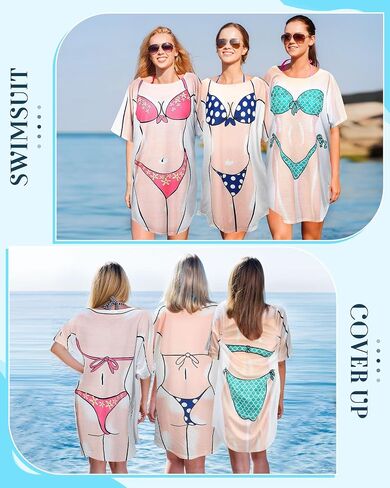 Jeyiour 6 Pack Women's Bikini Shirt Short Sleeve Cover up Baggy T Shirt Dress Cute Bikini Print Baggy Swimwear for Women in Saudi Arabia