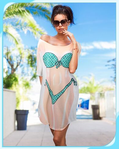 Jeyiour 6 Pack Women's Bikini Shirt Short Sleeve Cover up Baggy T Shirt Dress Cute Bikini Print Baggy Swimwear for Women in Saudi Arabia