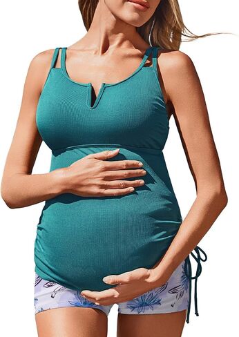 Ribbed Maternity Two-Piece Swimsuit Tankini V-Wire Bathing Suit Ruched Tie Side Pregnancy High Waisted Swimwear in Saudi Arabia