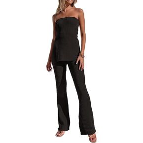 Women Y2k 2 Piece Pants Sets Off Shoulder Strapless Tube Tops Wide Leg Long Trousers Stretchy Two Piece Outfit in Kuwait
