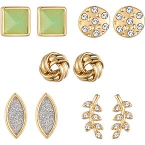 Kevia Set of 5 18k Gold Stud Earrings for Women and Girls with Intricate Design Sterling Silver Stud Earrings for Women (Marble, Mint Stone & Green Gemstone)