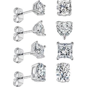 18K White Gold Plated Cubic Zirconia Stud Earrings Various Round Square Heart Oval Princess Earrings for Women Men Multi Pack of 4 Pairs
