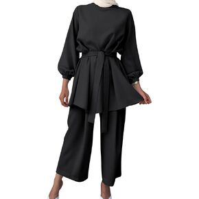 OBEEII Middle East Arabic Outfits for Womens Long Sleeve Top Wide Leg Pants Set Dubai Islamic Muslim Clothes