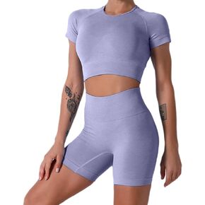 Yoga Outfits for Women 2 Piece Set Tracksuit Seamless Short Sleeve Crop Top Workout Leggings Sportwear