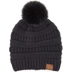 Funky Junque Soft Yarn Pom Solid Ribbed Beanie Cable Knit Skull Cap with Faux Fur Pom Pom