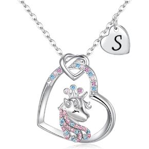 Cosol Silver Valentines Day Jewelry Gifts Unicorn Necklace for Girls, Colorful CZ Initial Unicorn Heart Pendant Necklace Unicorn Gifts Birthday Gift for Daughter Granddaugher