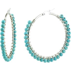 Chmuen Faux Turquoise Beaded Hoop Earrings Vintage Stainless Steel Big Earrings