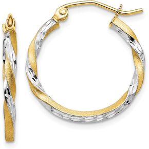 14k Yellow Gold Two Toned Diamond-Cut Twisted Hoop Brushed Matte Finish Earrings - 20mm x 2mm