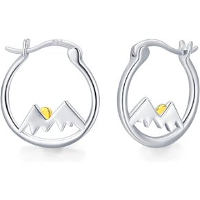 Mountain Earrings 925 Sterling Silver Women's Sun Mountain Hoop Earrings Hypoallergenic Mountain Jewelry Gift for Skiers Hiking Mountain Nature Lovers