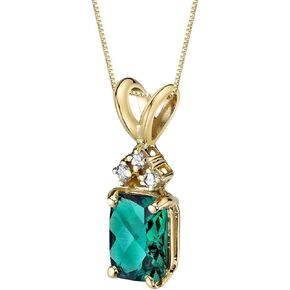 PEORA 14K Yellow Gold Created Emerald with Genuine Diamond Pendant for Women, Elegant Solitaire, Radiant Cut, 7x5mm, 1 Carat total