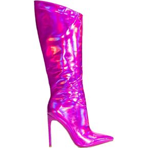 HiColor women's Mehrfarbig Faux Leather Tall Boots Fashion High Heels Thin Heels Side Zipper Shoes Ladies Winter Pleated Long Boots