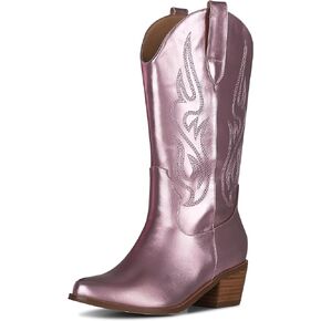 AOSPHIRAYLIAN Cowboy Boots for Women Retro Pointed Toe Pull On Block Chunky Heel Glitter Sparkly Metallic Embroidered Country Concert Outfits Calf Western Cowgirl Boots