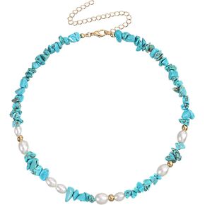 Bohemian Pearl Carnelian Crystal Necklace Green Transparent Crystal Natural Irregular Stone Choker Turquoise Beaded Necklace for Women Girls Jewelry
