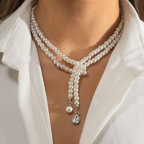 Octwine Boho Pack of 1 Shiny Crystal Pendant Necklace Round White Pearl Choker Vintage Choker 1920s Necklaces Bridal Wedding Jewelry for Women and Girls