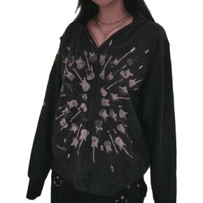 DSORVICD Women Gothic Vintage Print Hoodie Harajuku Punk Long Sleeve Zip Up Oversized Sweatshirt Grunge Y2k Rhinestone Jacket