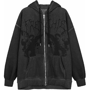 Women's Oversized Y2K Sweatshirt Long Sleeve Zipper Punk Goth Printed Hoodie Aesthetic Drawstring Jacket
