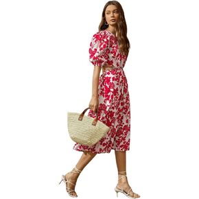 SweatyRocks Women's Boho Floral Puff Sleeve Cut Out Dress Tie Back A Line Midi Dresses