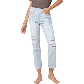 VERVET, Super High Rise Distressed Crop Straight Jeans, Light Blue in Kuwait