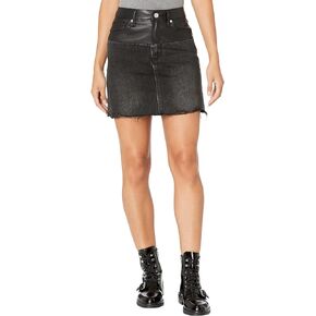 [BLANKNYC] Womens Vegan Leather & Denim High Rise Mini Skirt with Raw Hem Finish