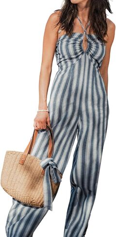 CUPSHE Women's Striped Cutout Halter Jumpsuit Stripes Jumpsuit with Wide Leg in Saudi Arabia