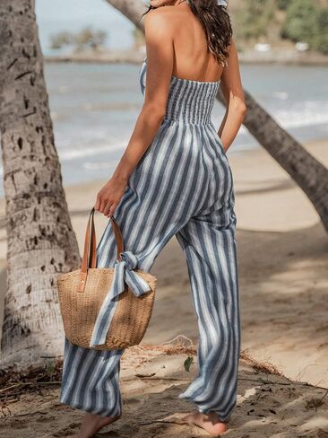 CUPSHE Women's Striped Cutout Halter Jumpsuit Stripes Jumpsuit with Wide Leg in Saudi Arabia