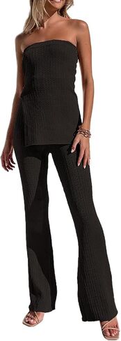 Women Y2k 2 Piece Pants Sets Off Shoulder Strapless Tube Tops Wide Leg Long Trousers Stretchy Two Piece Outfit in Kuwait
